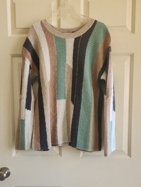 BKE Striped Crewneck Sweater in Cream, Mint, Navy & Tan